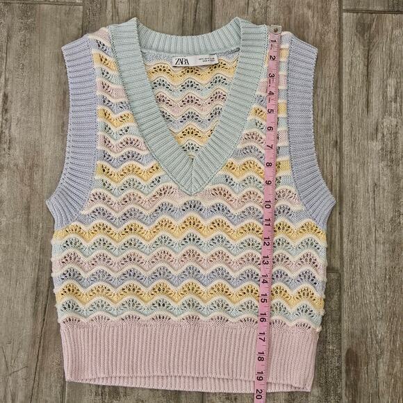 Zara Sweater Vest Womens S Crochet Embroidered Knit Sleeveless Pastel Stripe - Picture 4 of 9